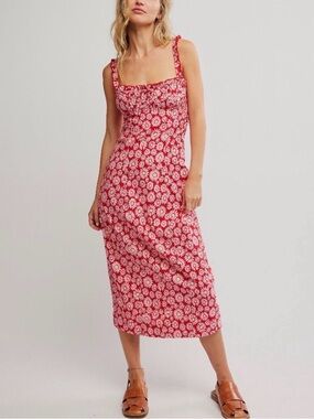 Free People Red Daisy Print Midi Dress size XS